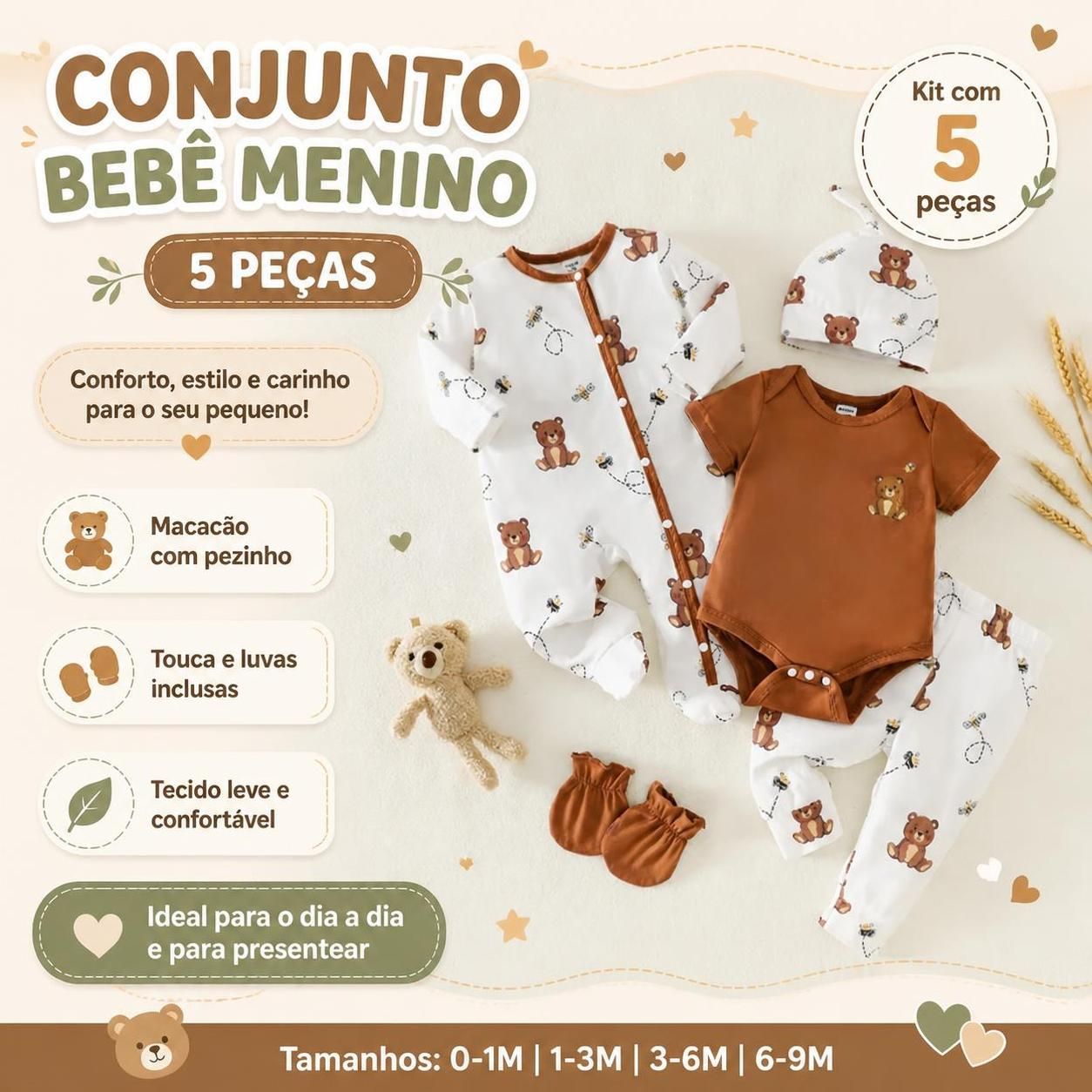 Conjunto de 5 Peças de Roupas para Bebês Recém-Nascidos