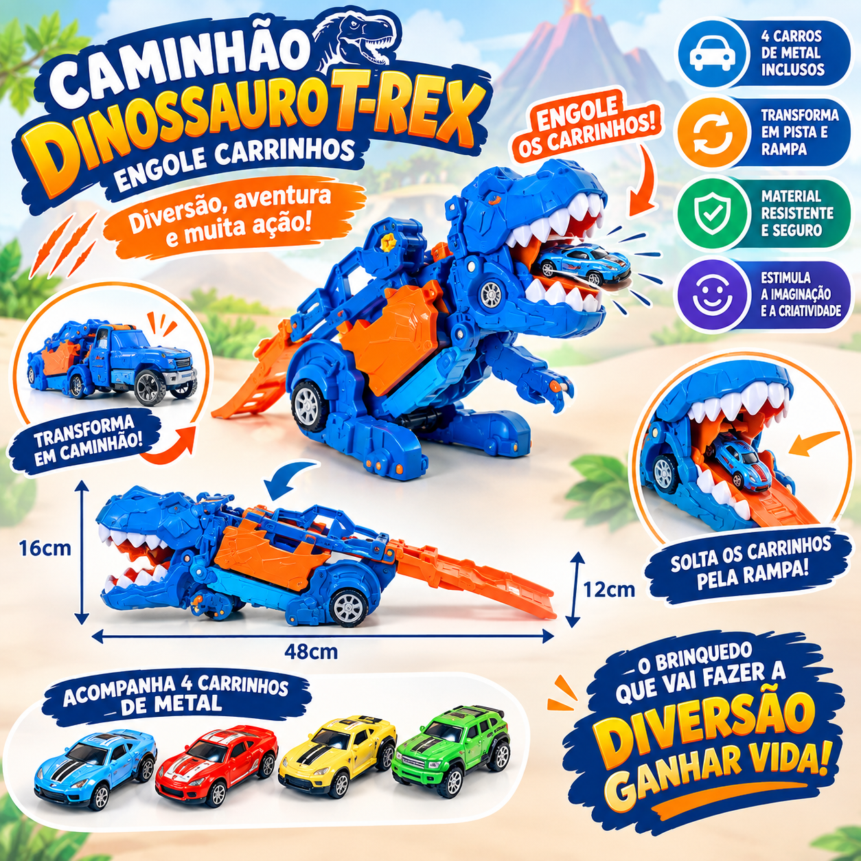 Caminhão Dinossauro T-Rex Engole Carrinhos 4 Carros Metal Transformável Pista Rampa Brinquedo Infantil - outra vista