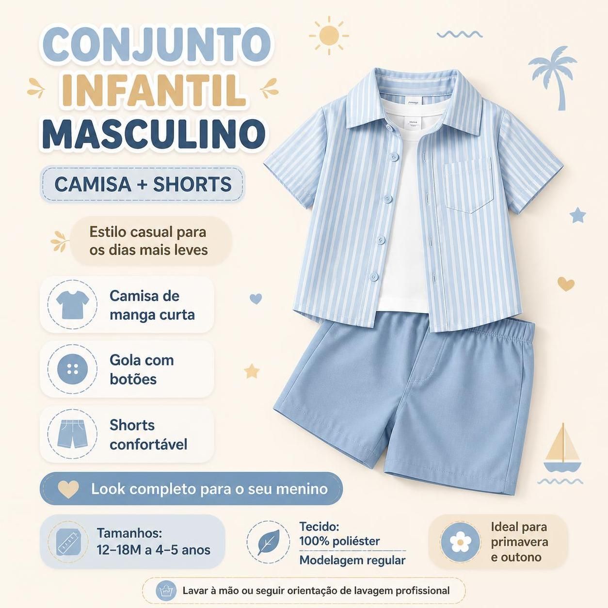 Conjunto Infantil Masculino de Verão – Camisa Listrada e Shorts - outra vista